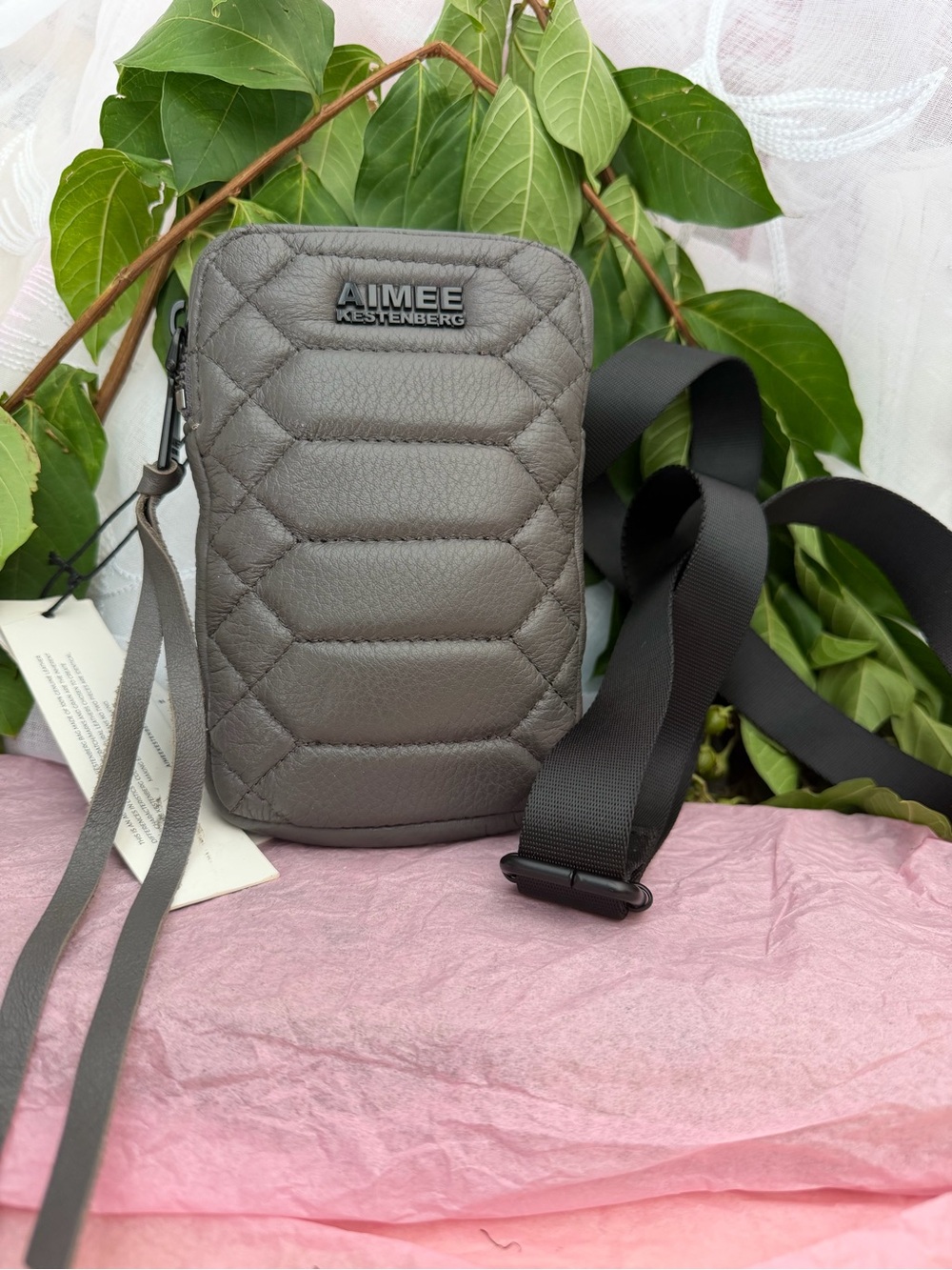 Aimee Kestenberg Gray Quilted Crossbody Phone Pouch with Black Strap